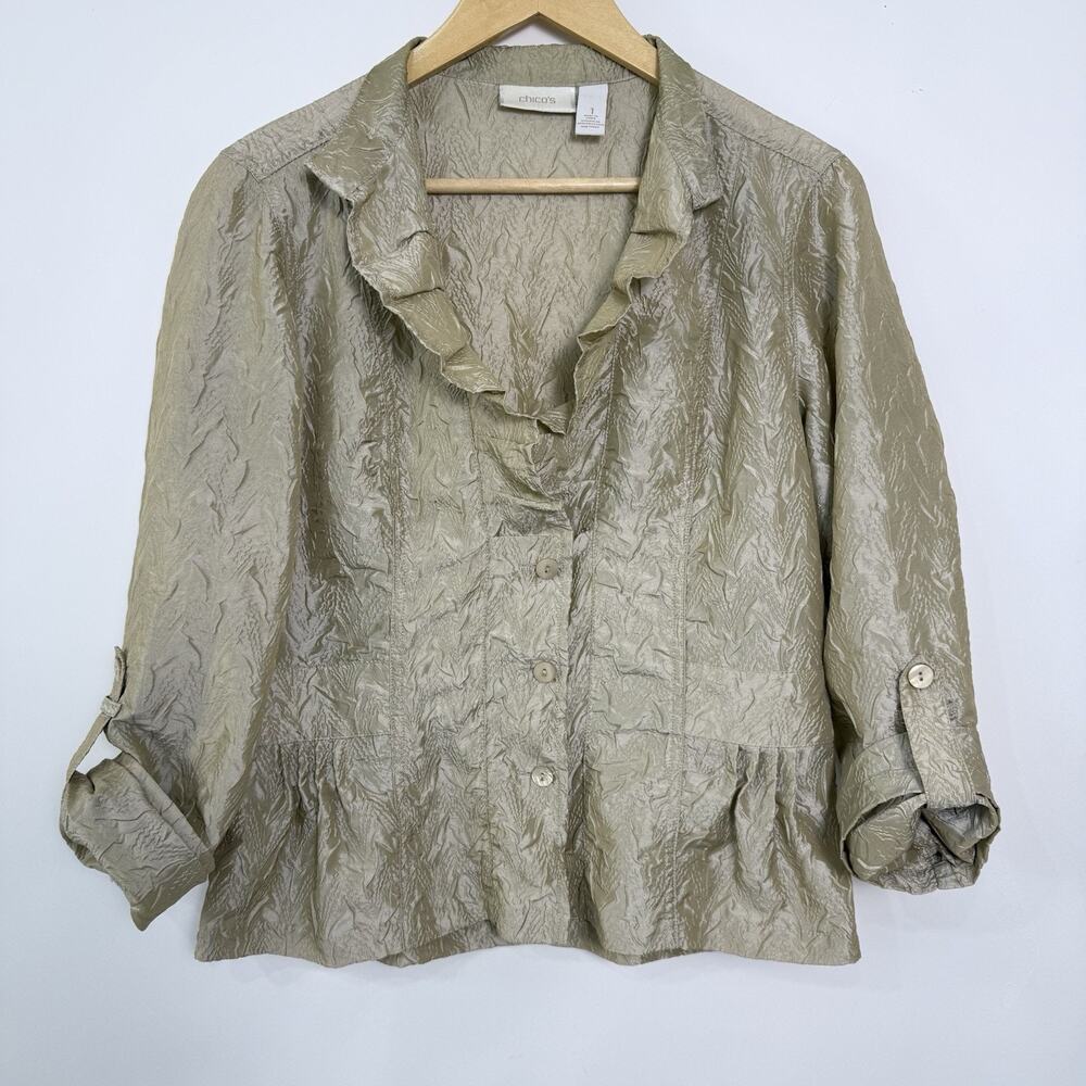 Chicos Jolene Crinkle Metallic Jacket Size 1 Medium Ruffled Roll Tab Sleeve